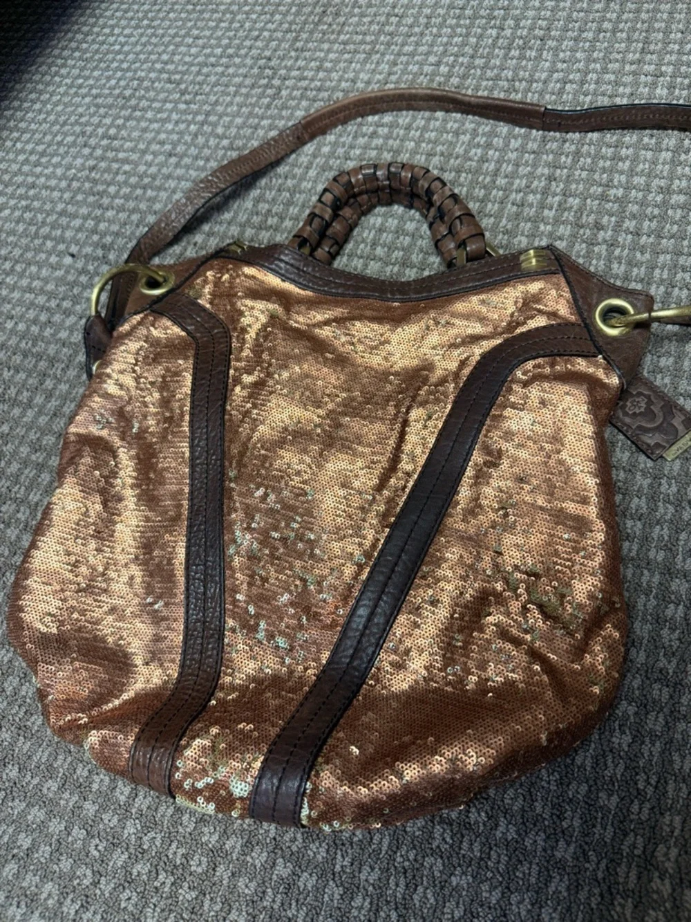 orYANY Copper Sequin Hobo with Brown Leather Trim